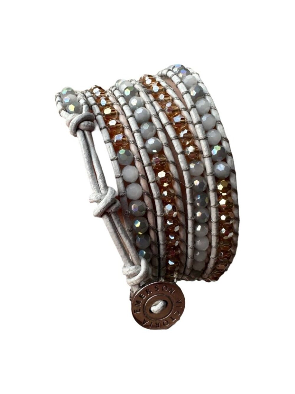 Victoria Emerson Leather Wrap Bracelet Quartz Crystal Beads 36" White Rose Gold - Picture 4 of 16